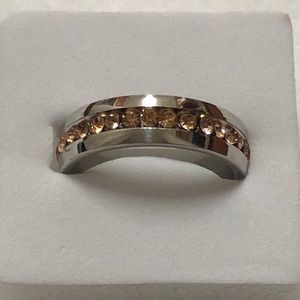 8mm Stainless Steel Simulated Citrine‎ Stone Cigar Band Wedding Rings
